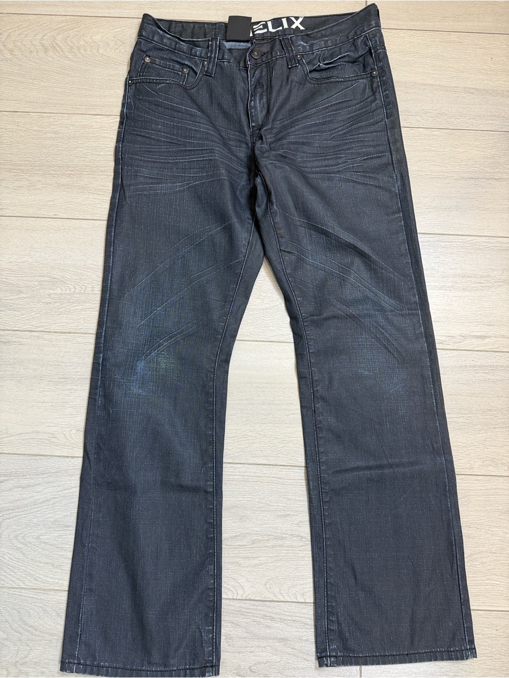 HELIX Men’s Coated Waxed Black Moto Biker Slim Boot Jeans Size 32x30 EUC